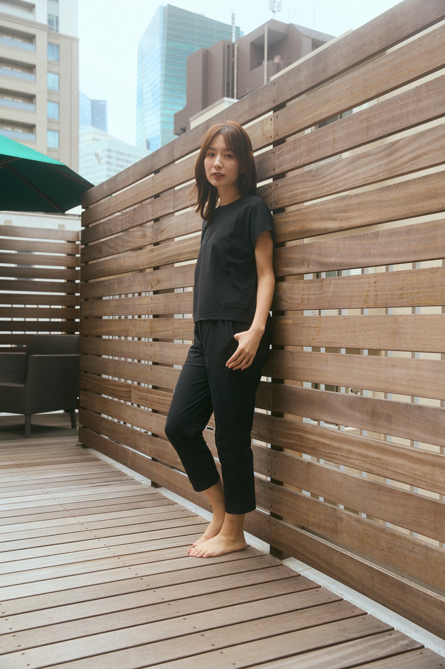 Stretch Ledies Tapered Pants Black