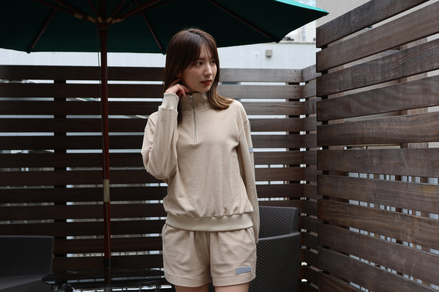 Ledies Pile Half Zip Pull over Beige